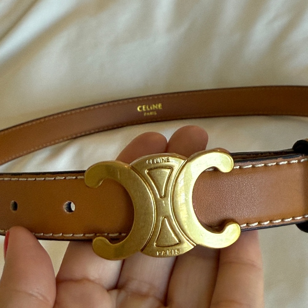 Celine Tan Leather Belt with Gold Logo Buckle